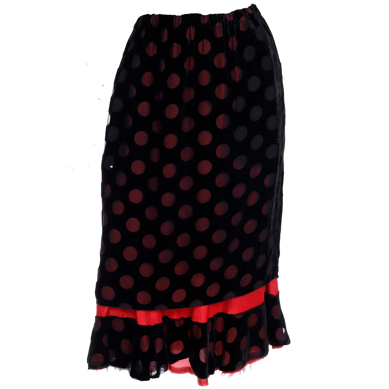 1990s Comme des Garcons Silk Blend Black Skirt W Red Polka Dots