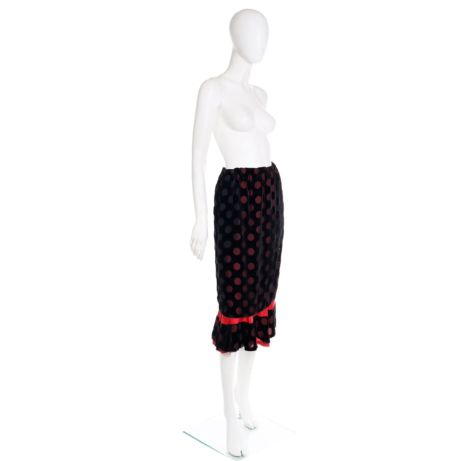 1990s Comme des Garcons Silk Blend Black Skirt W Red Polka Dots