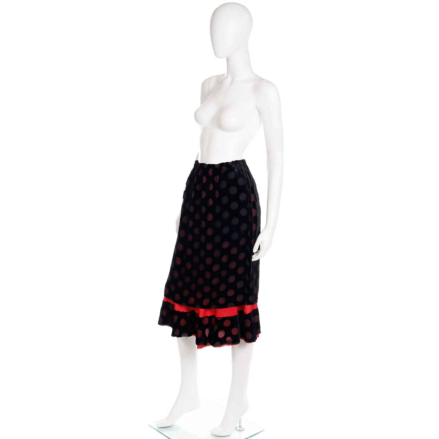 1990s Comme des Garcons Silk Blend Black Skirt W Red Polka Dots