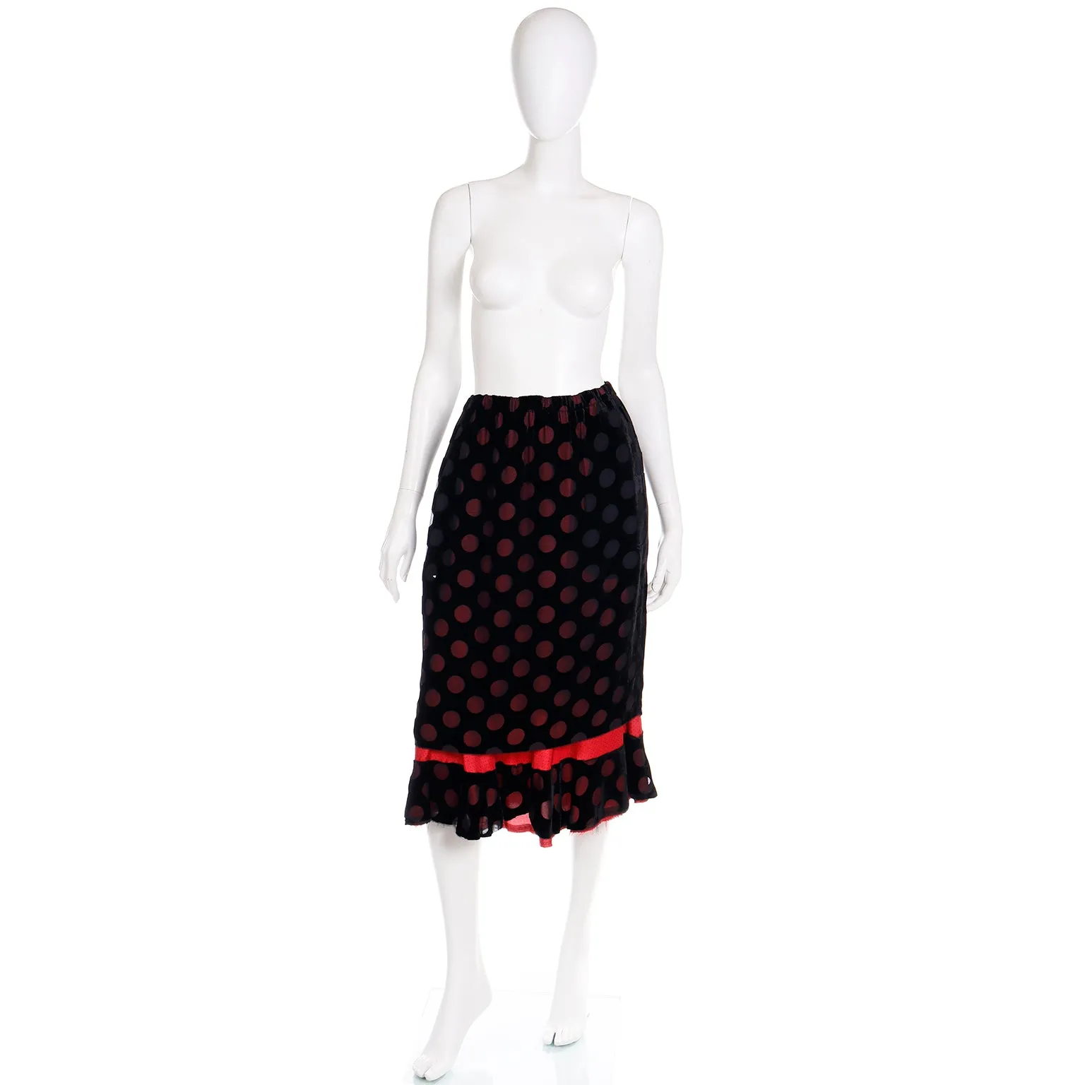 1990s Comme des Garcons Silk Blend Black Skirt W Red Polka Dots