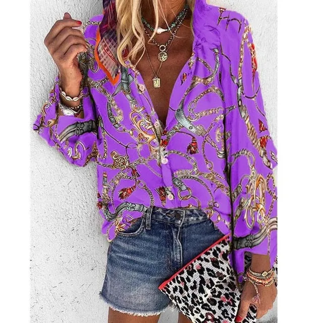 2021 New Design Women Blouse V-neck Long Sleeve Chains Print Loose Sizes S - 4XL