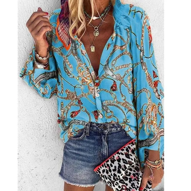 2021 New Design Women Blouse V-neck Long Sleeve Chains Print Loose Sizes S - 4XL