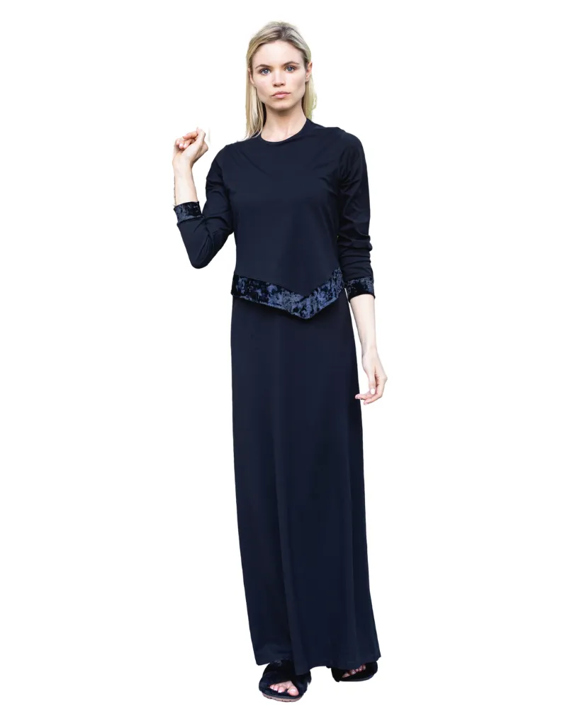 610 Velvet Trim Black Cotton Nursing Nightgown