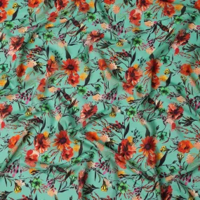 Aqua Green Floral Viscose Crepe Digital Print Fabric, 110 cm Wide, Made in India-D20989