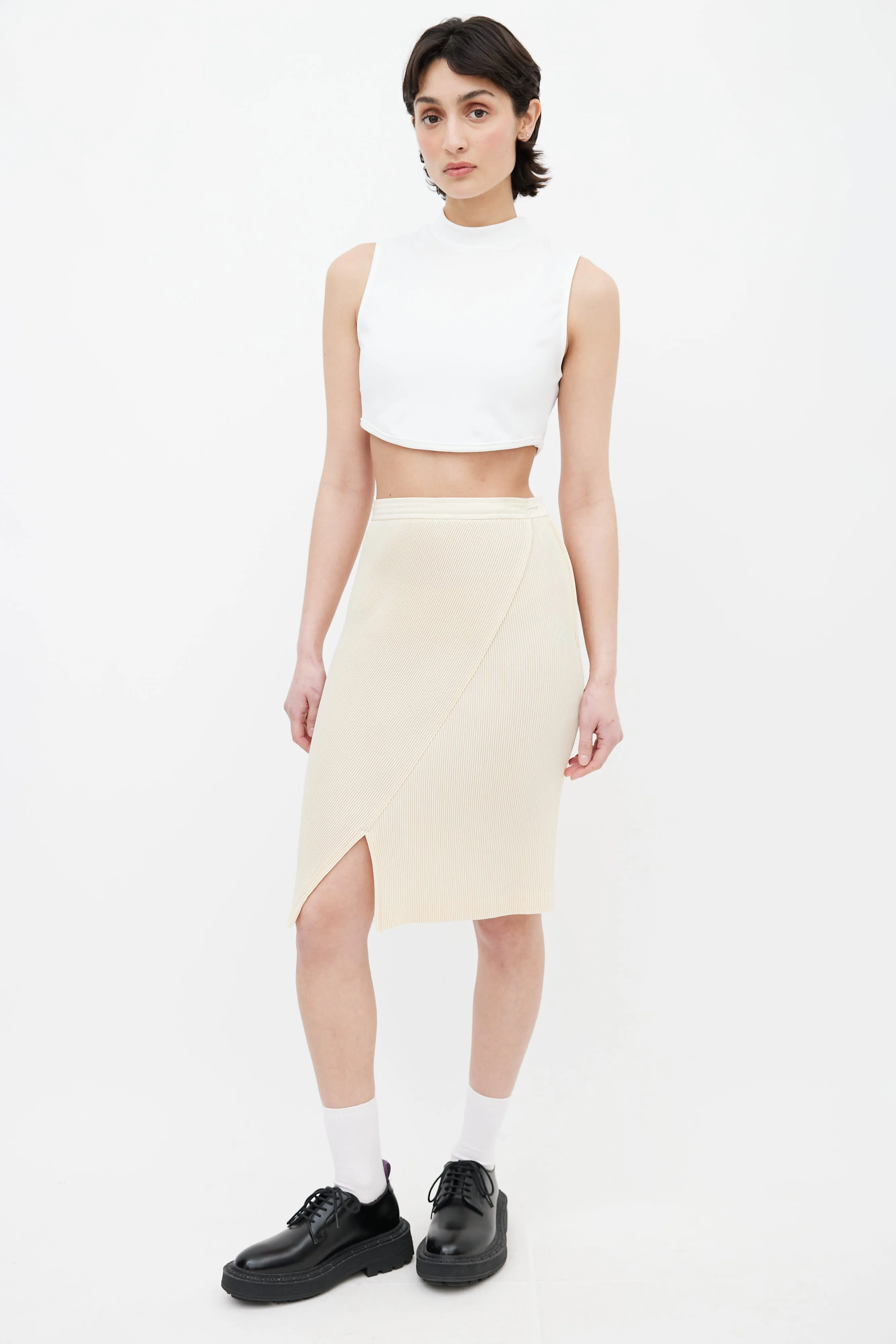 Beige Accordion Pleated Asymmetric Skirt