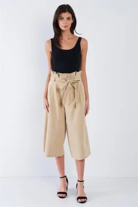 Beige Cotton Ruffle High Waist Wide Leg Gaucho Pants  /3-2-1