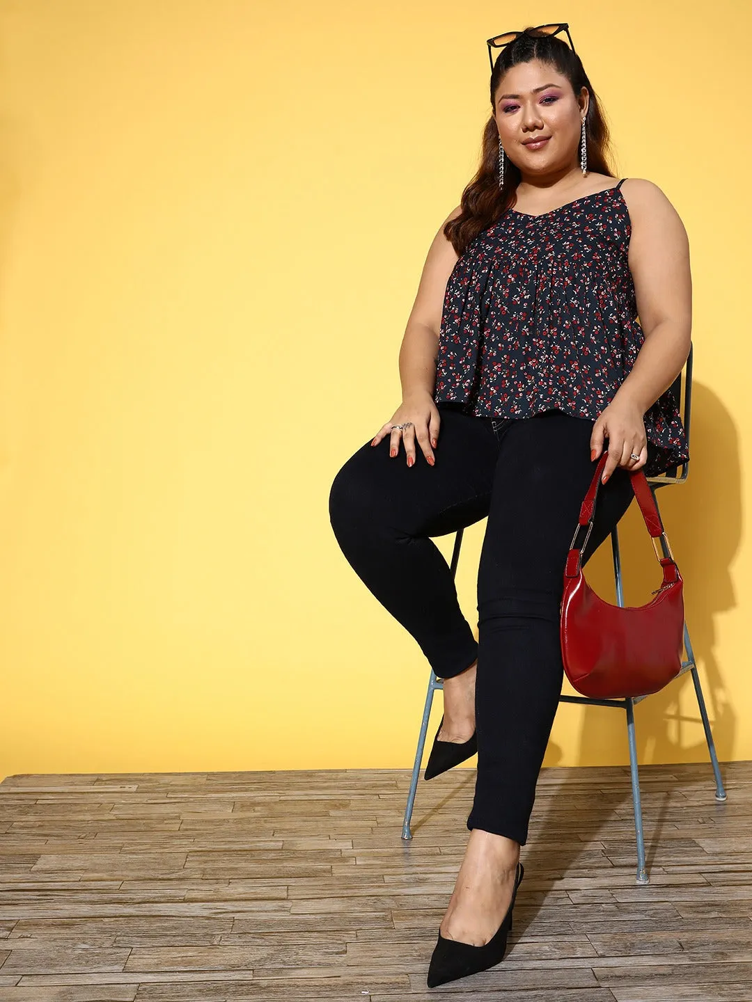 Berrylush Women Plus Size Navy Blue & Red Floral Printed V-Neck Sleeveless Crepe Pleated Empire Top