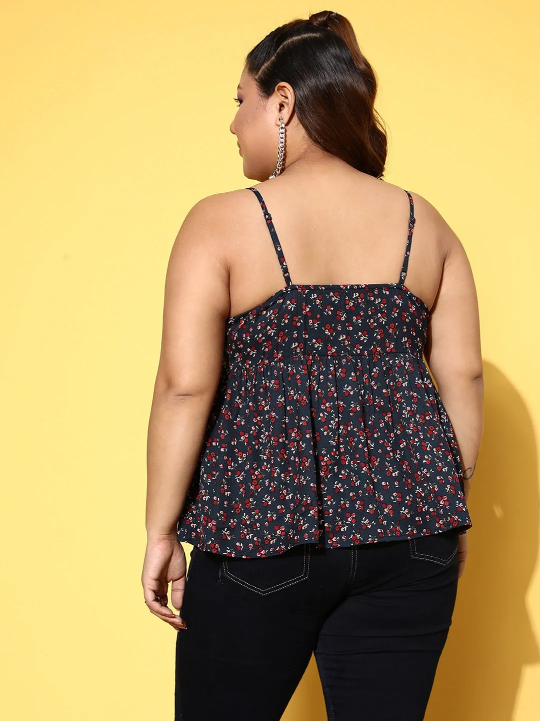 Berrylush Women Plus Size Navy Blue & Red Floral Printed V-Neck Sleeveless Crepe Pleated Empire Top