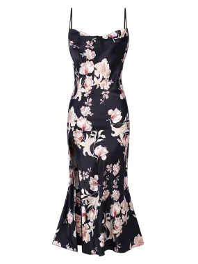 Black 1930s Floral Faux Satin Straps Nightgown