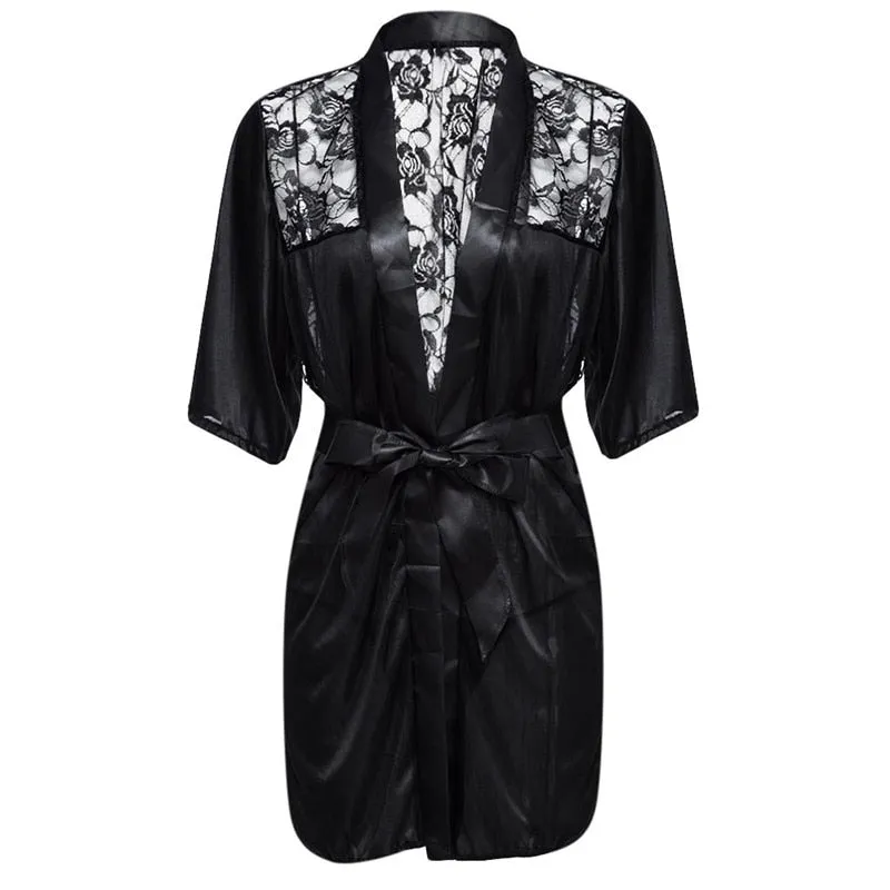 Black Sexy Women's Lace Pattern Satin Erotic Nightgowns