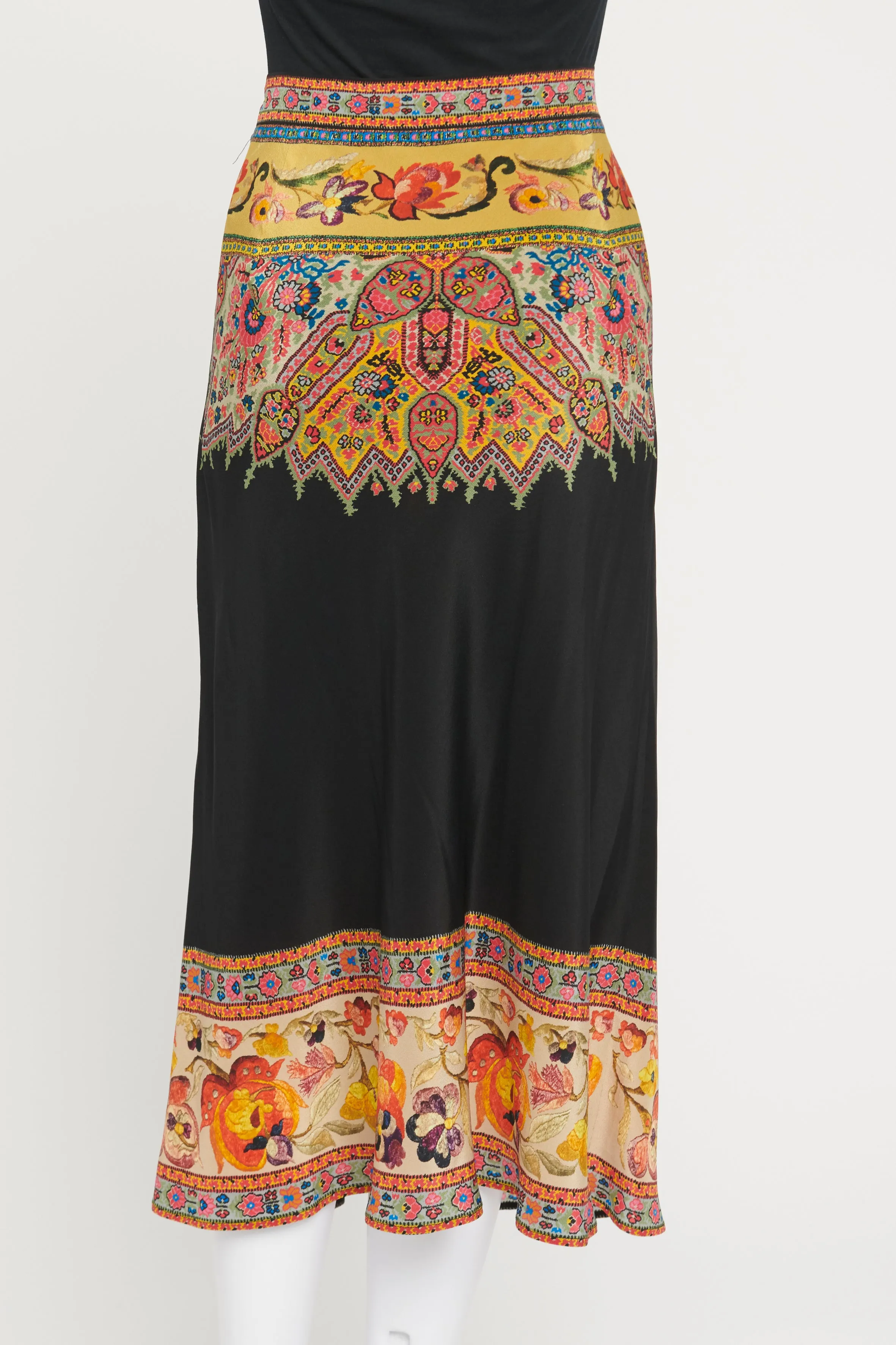 Black with Multi Colour Abstract Print Silk Midi Skirt