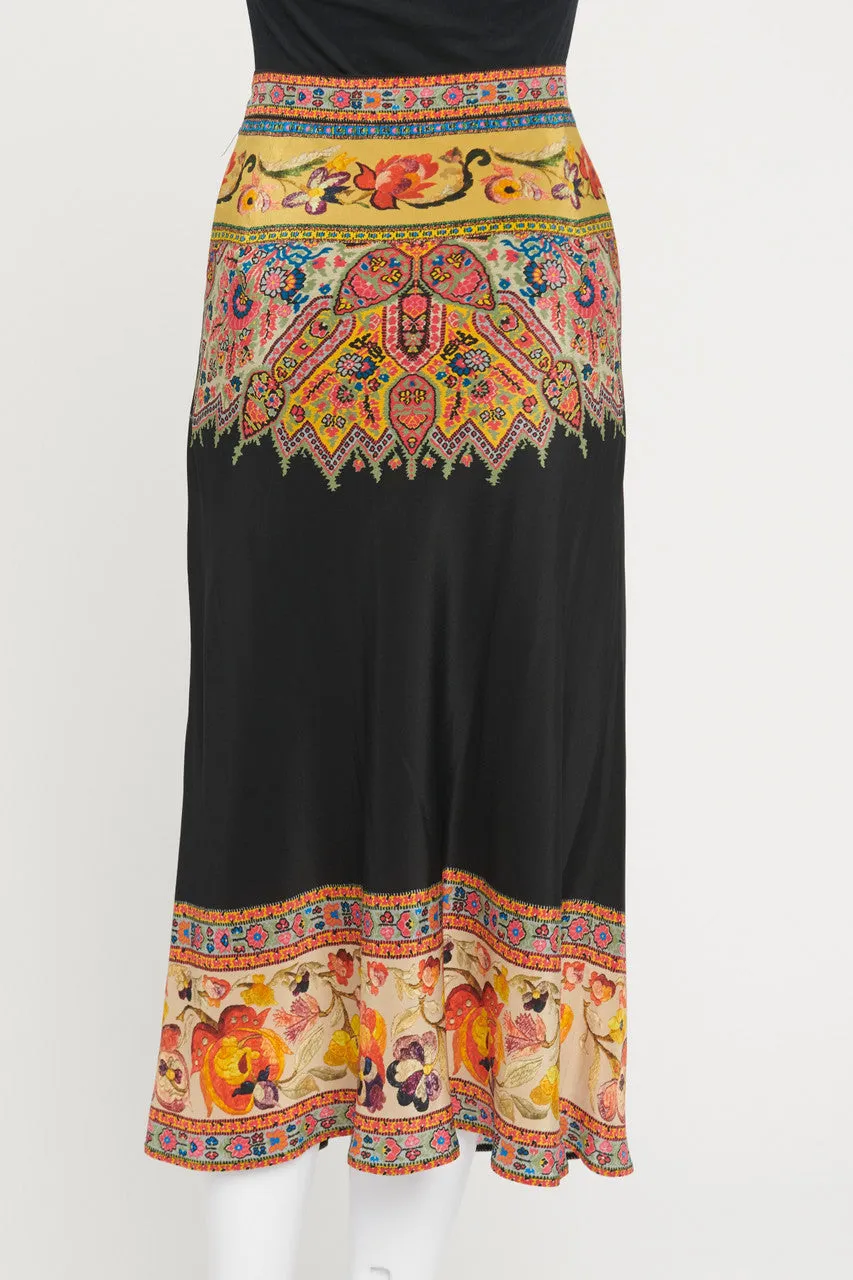 Black with Multi Colour Abstract Print Silk Midi Skirt