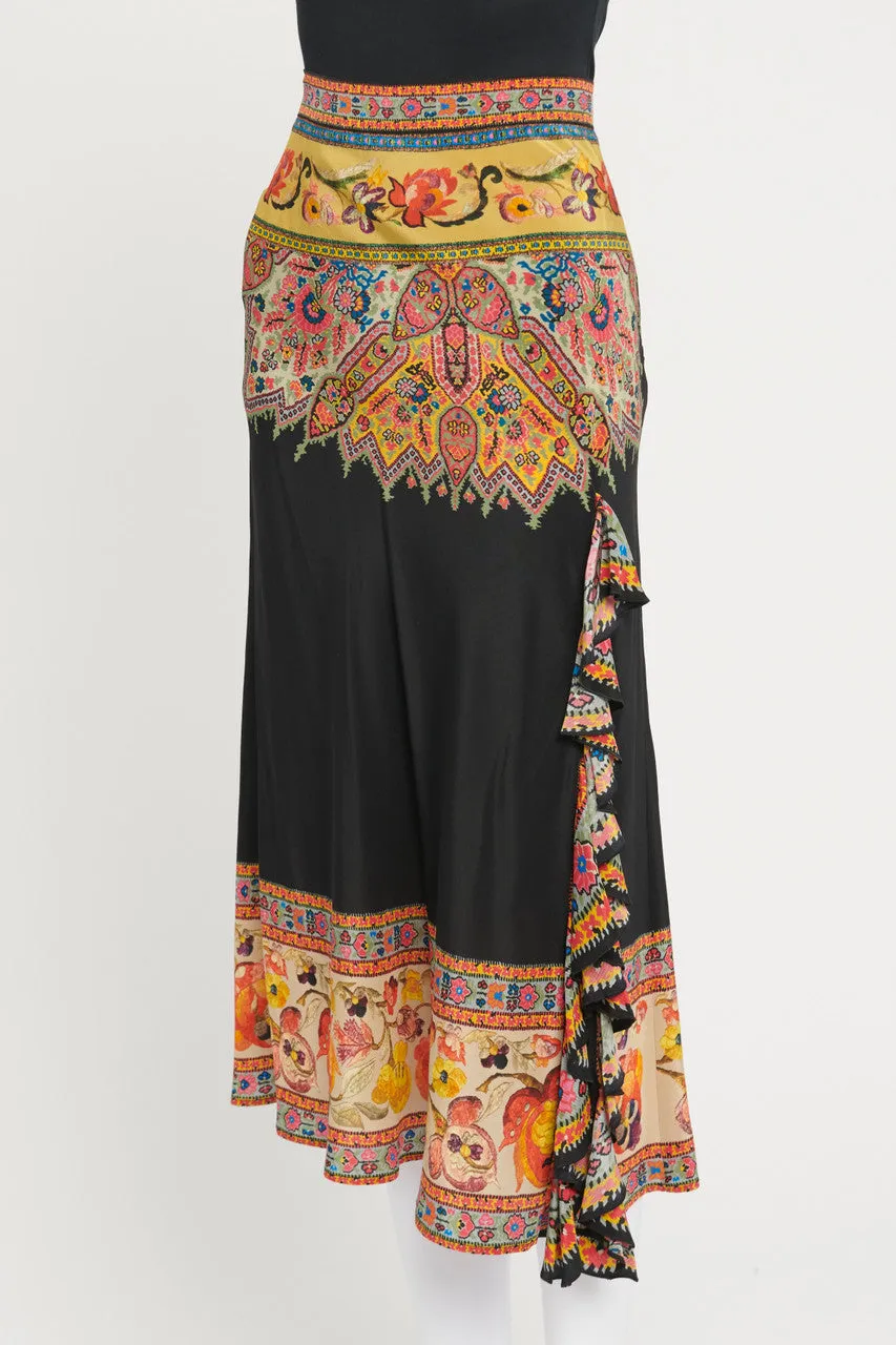 Black with Multi Colour Abstract Print Silk Midi Skirt