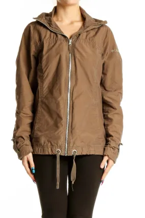 Brown Cotton-Nylon Zip-Up Utility Jacket