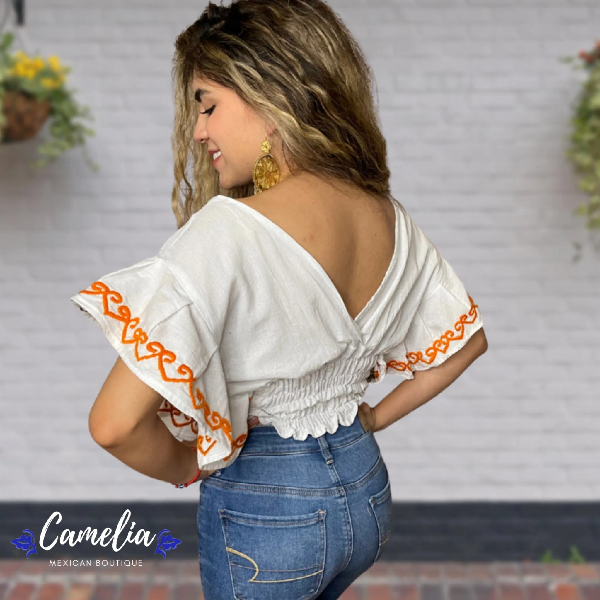 Butterfly Sleeve Mexican Crop Top Zinnia - V-Neck