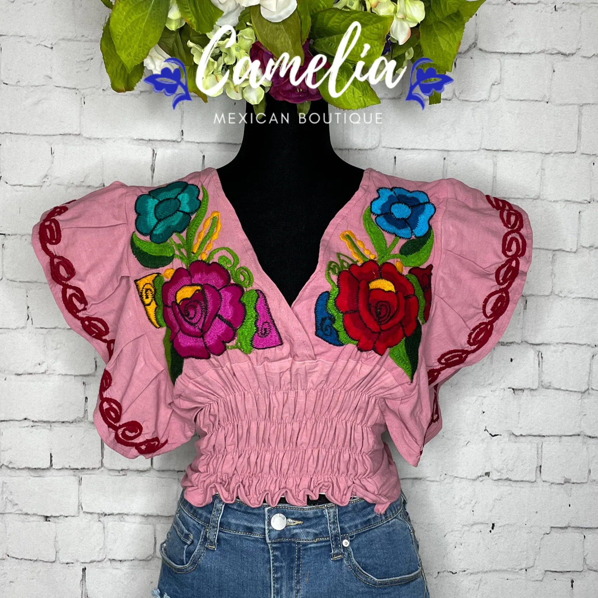 Butterfly Sleeve Mexican Crop Top Zinnia - V-Neck