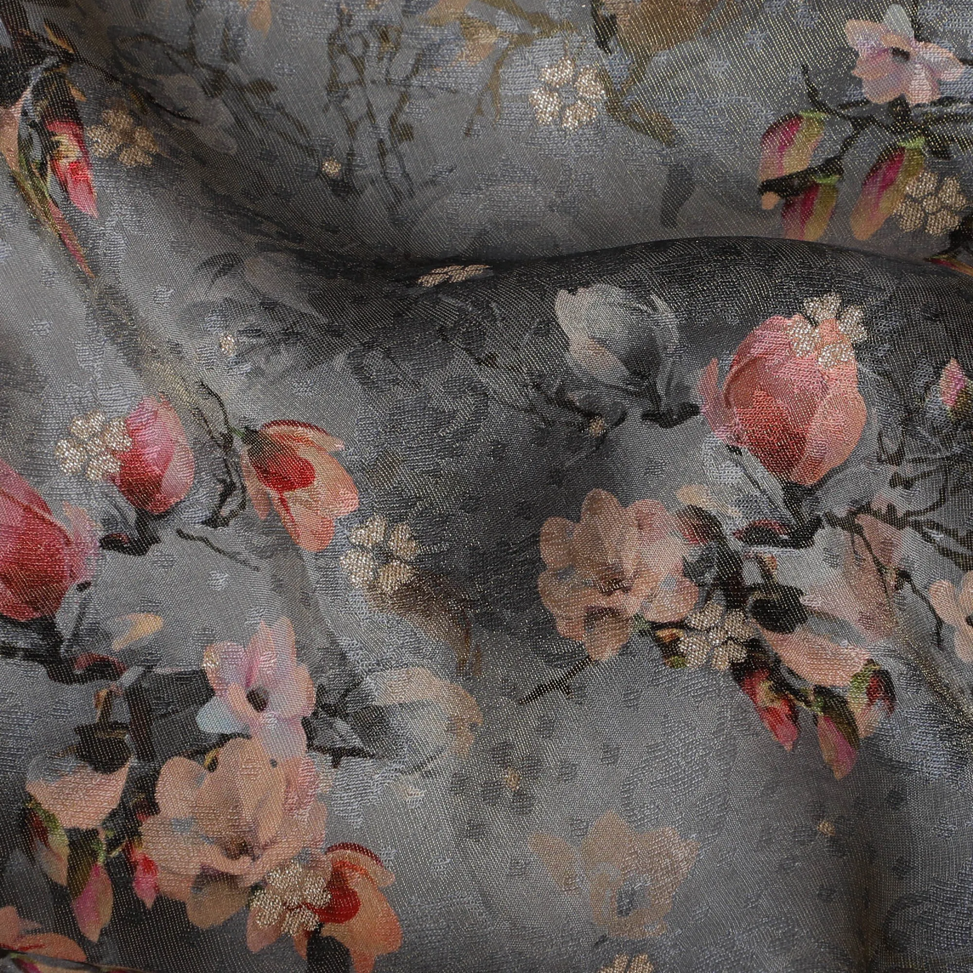 Charcoal Grey Viscose Fabric with Autumn Apple Blossom Print, 110 cm Wide-D19206