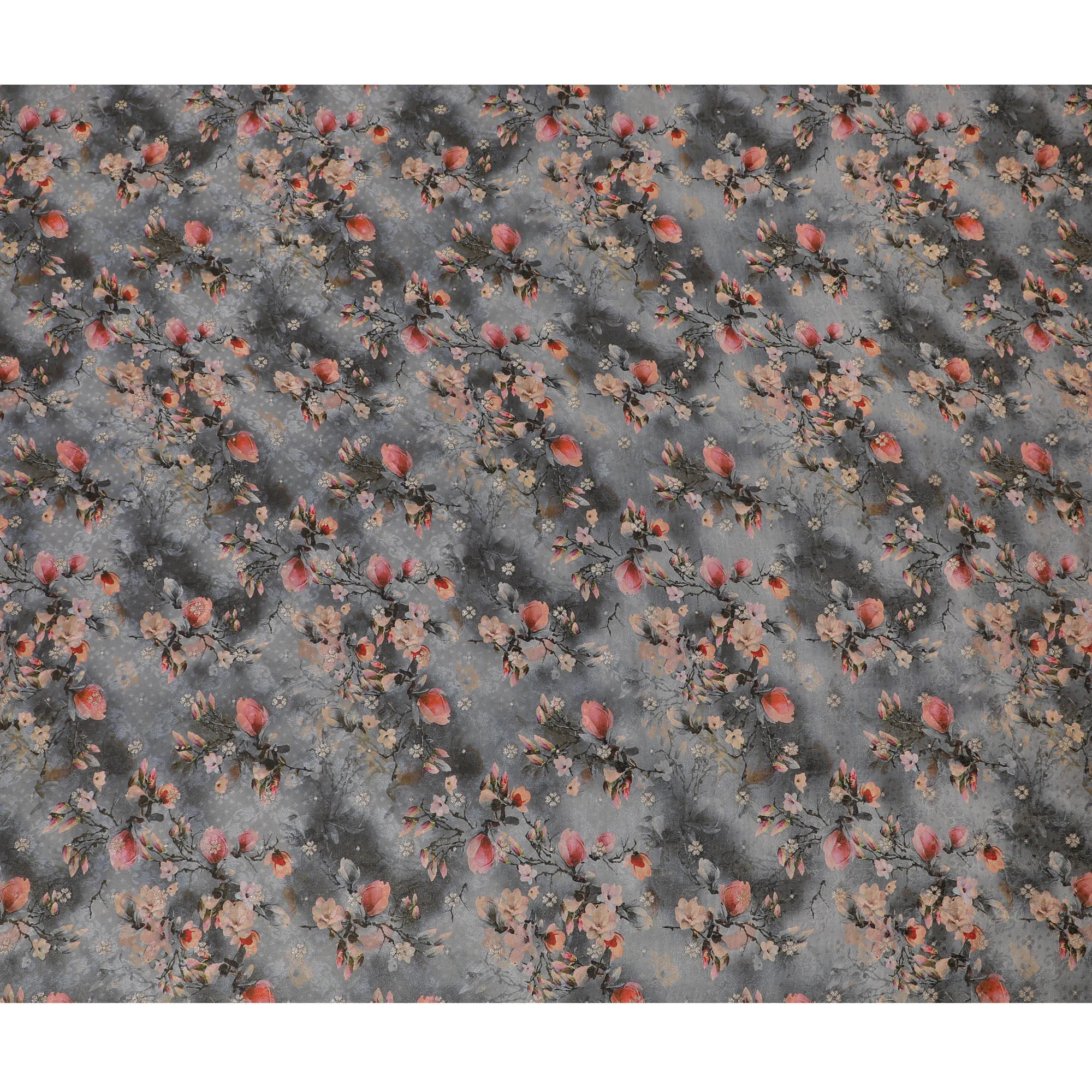 Charcoal Grey Viscose Fabric with Autumn Apple Blossom Print, 110 cm Wide-D19206