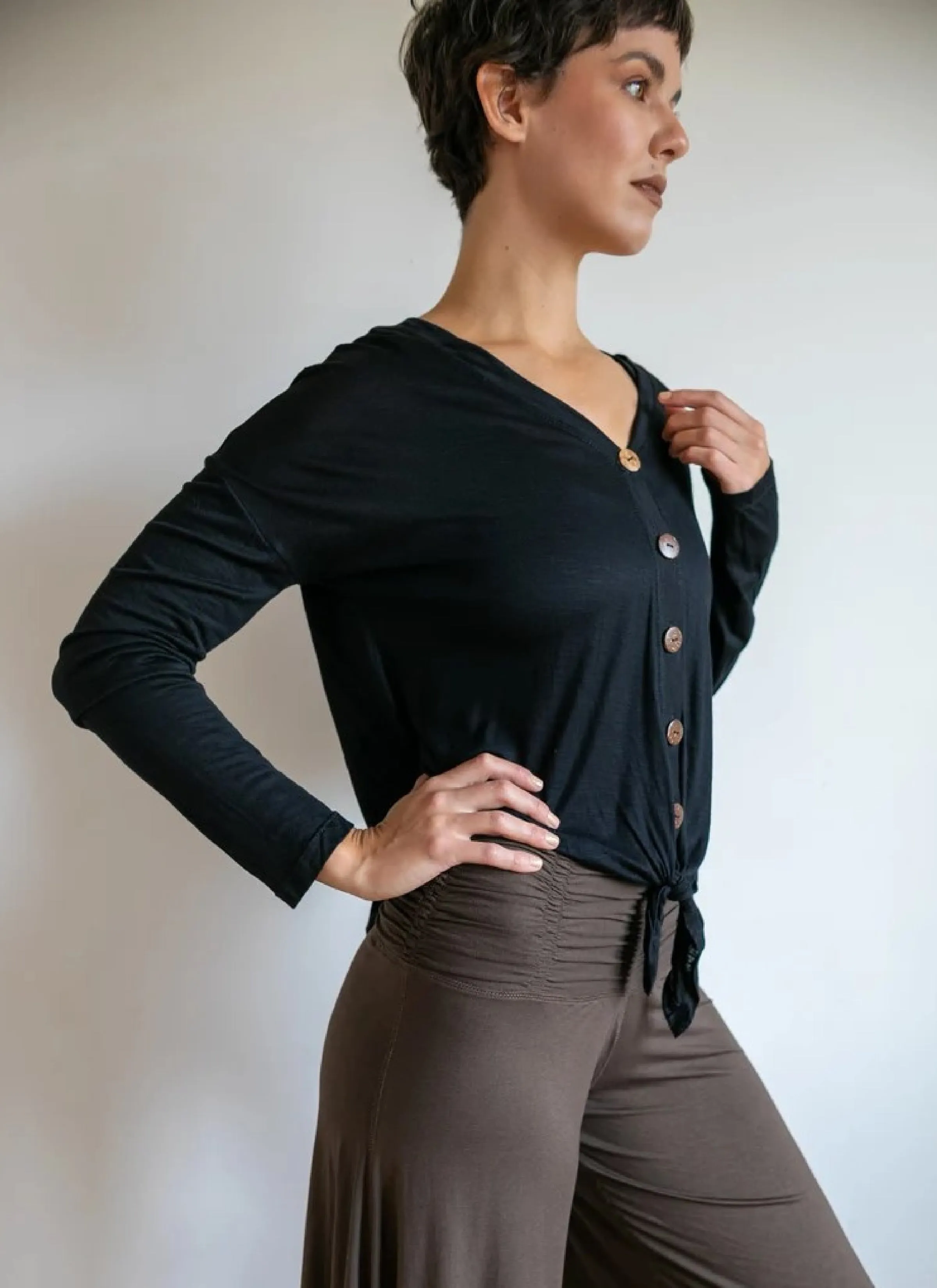 Coconut Button Down Front Long Sleeve Top in Black