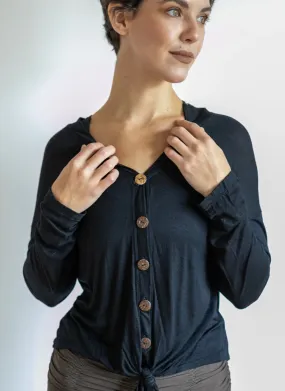 Coconut Button Down Front Long Sleeve Top in Black