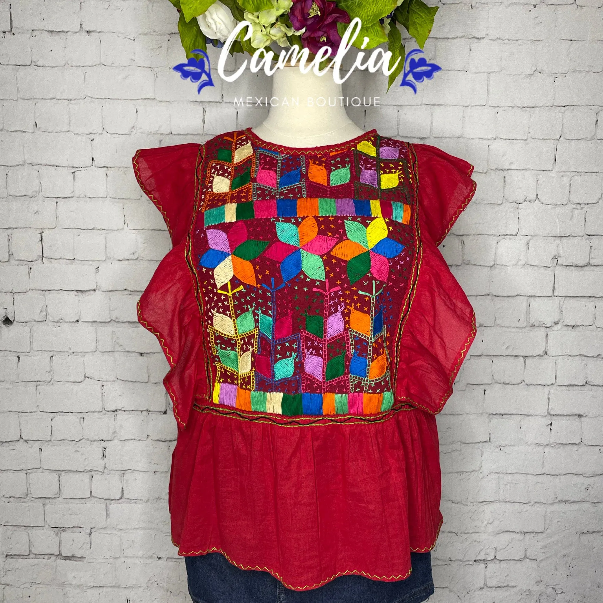 Corn Motif Butterfly Sleeve Peplum Mexican Blouse - PLUS