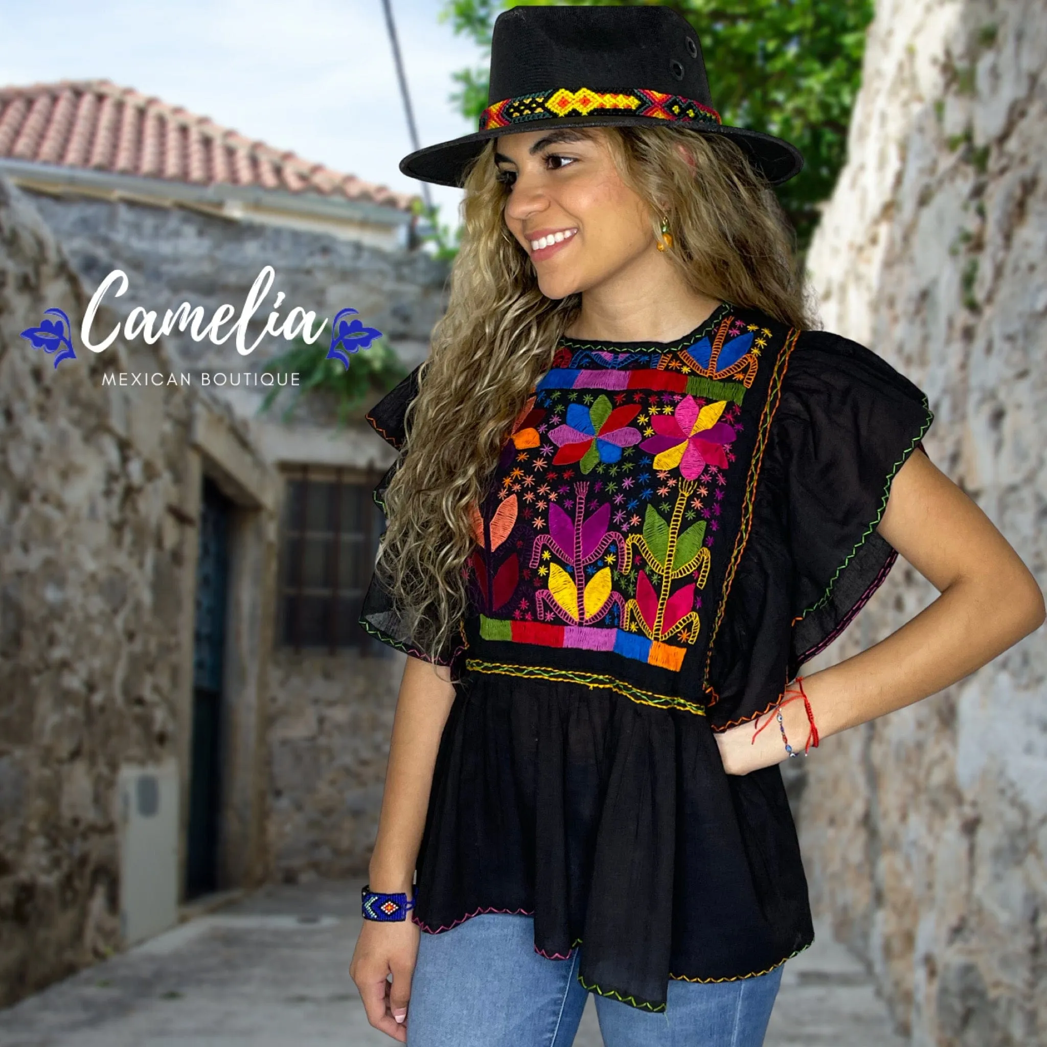 Corn Motif Butterfly Sleeve Peplum Mexican Blouse - PLUS