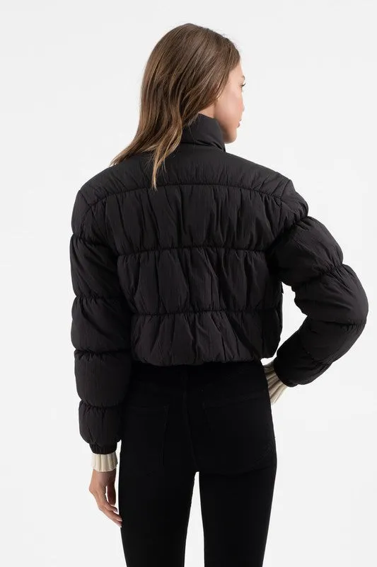 CROPPED ZIP UP CARGO PUFFER JACKET - BLACK OR IVORY