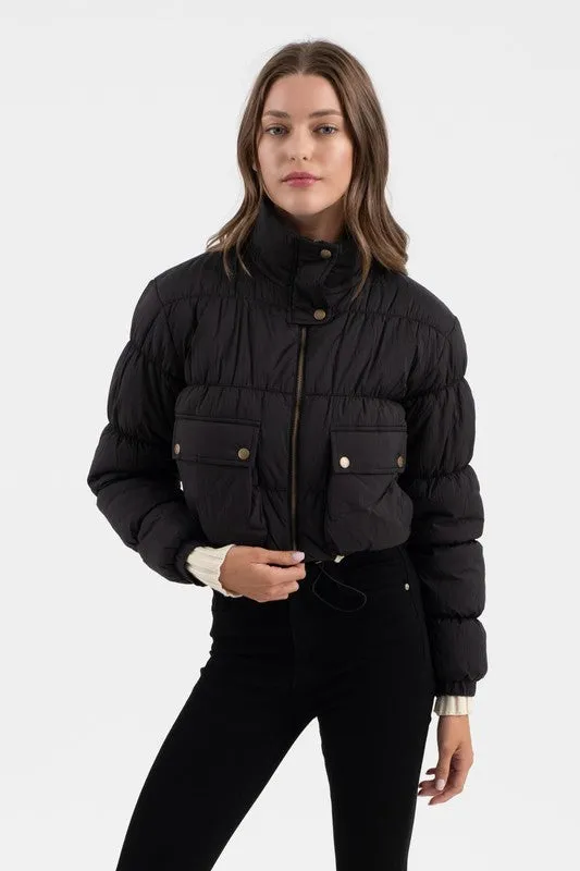 CROPPED ZIP UP CARGO PUFFER JACKET - BLACK OR IVORY