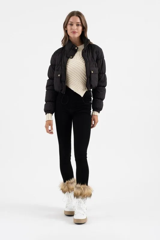 CROPPED ZIP UP CARGO PUFFER JACKET - BLACK OR IVORY