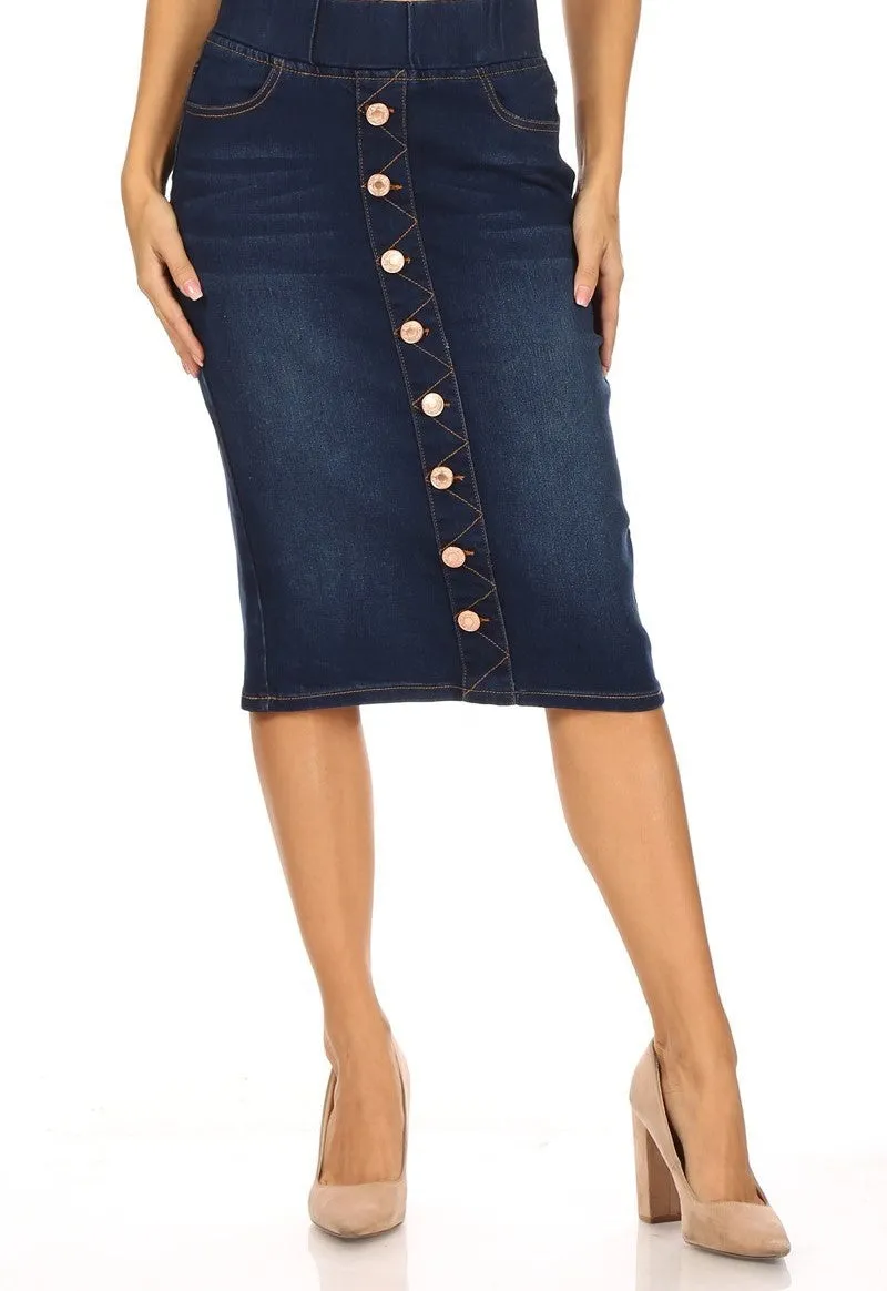 Dark Indigo Wash Skirt W/ Faux Buttons