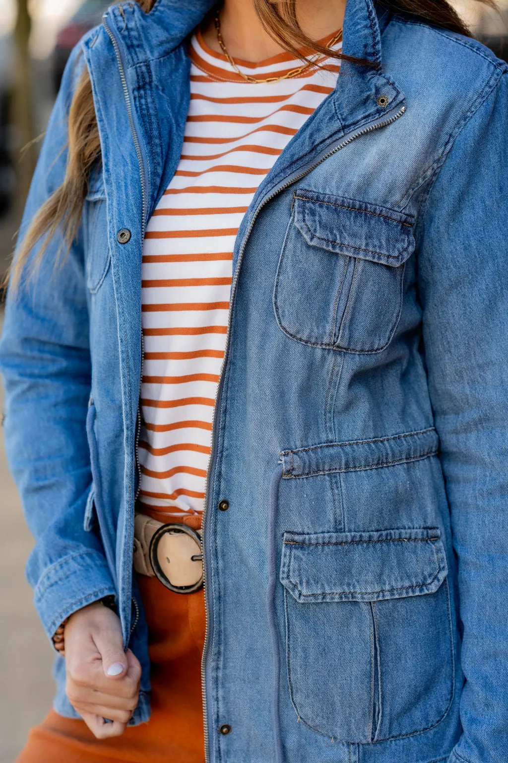 Denim Cinched Waist Utility Jacket