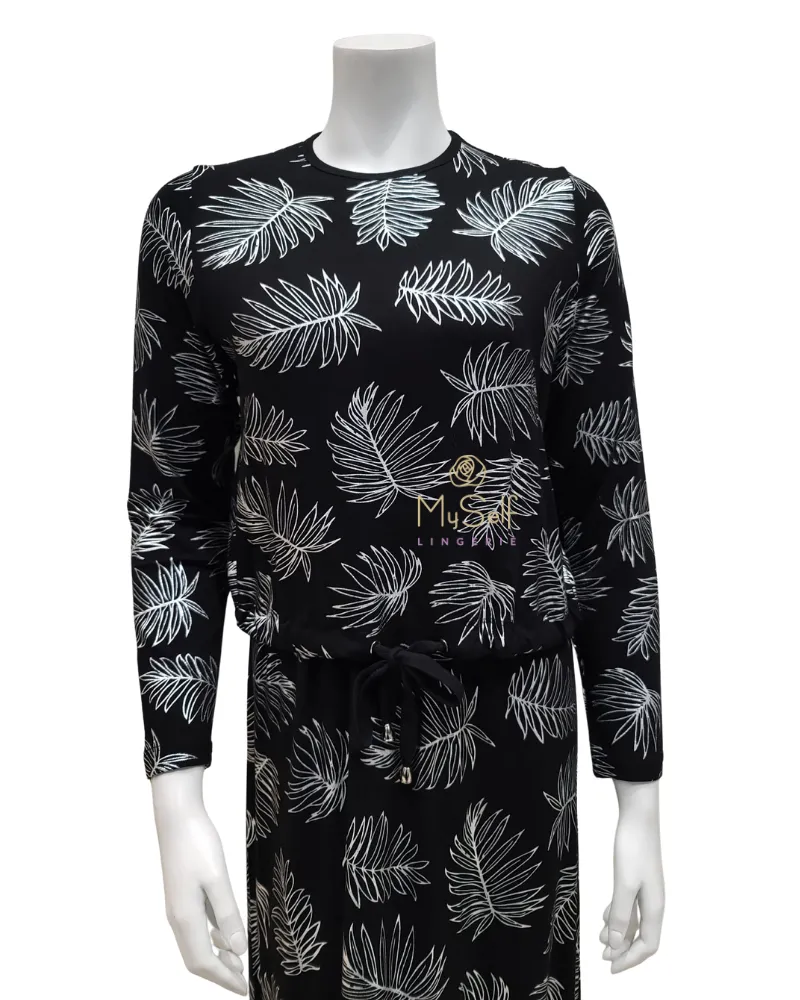 Ellwi Metallic Leaf Print Black Cotton Nursing Nightgown