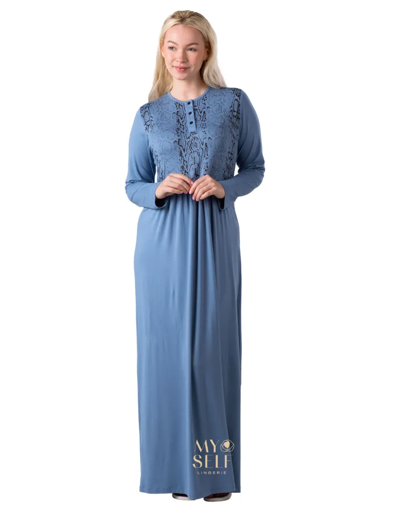 Ellwi Snakeskin Print Steel Blue Button Down Cotton Nightgown