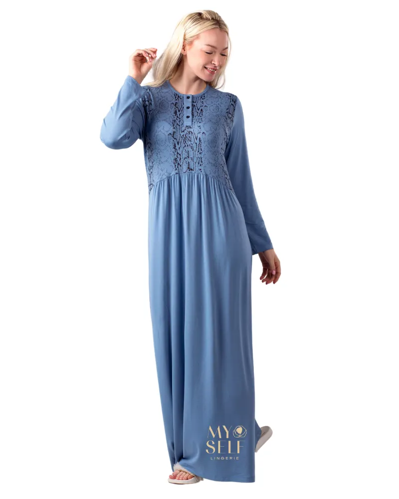 Ellwi Snakeskin Print Steel Blue Button Down Cotton Nightgown