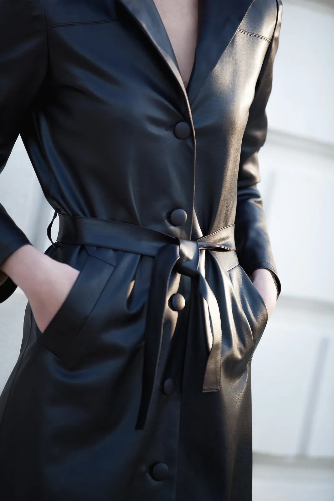 FAUX LEATHER MIDI COAT WITH BELT