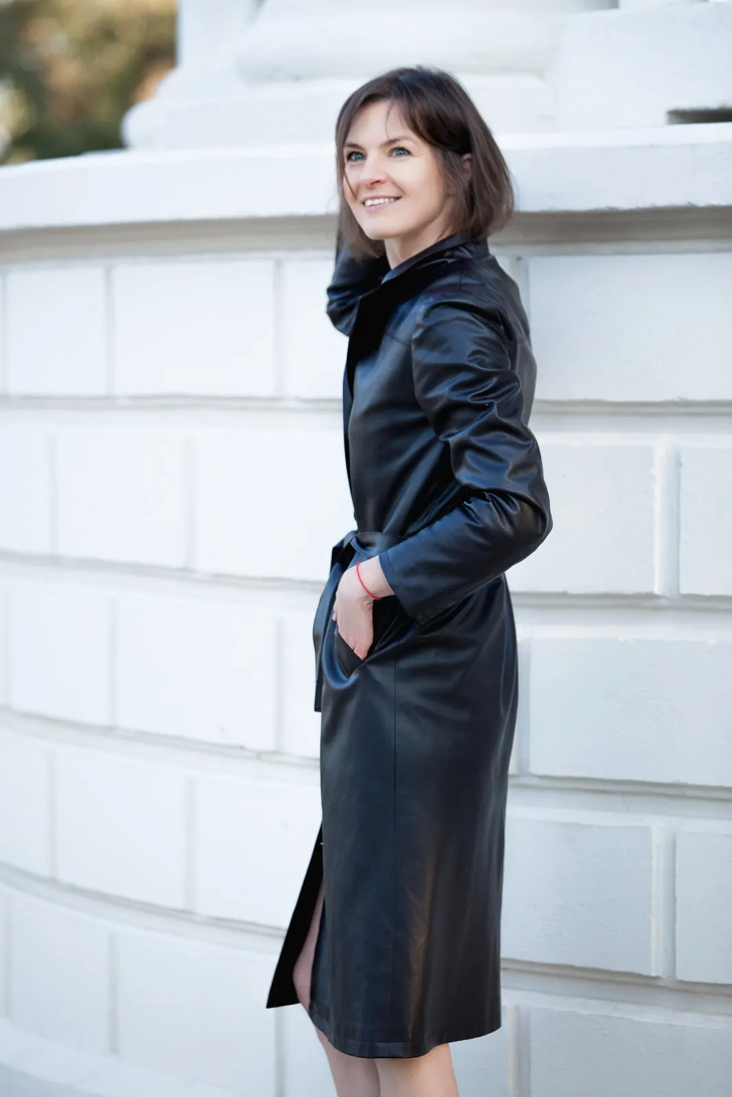 FAUX LEATHER MIDI COAT WITH BELT