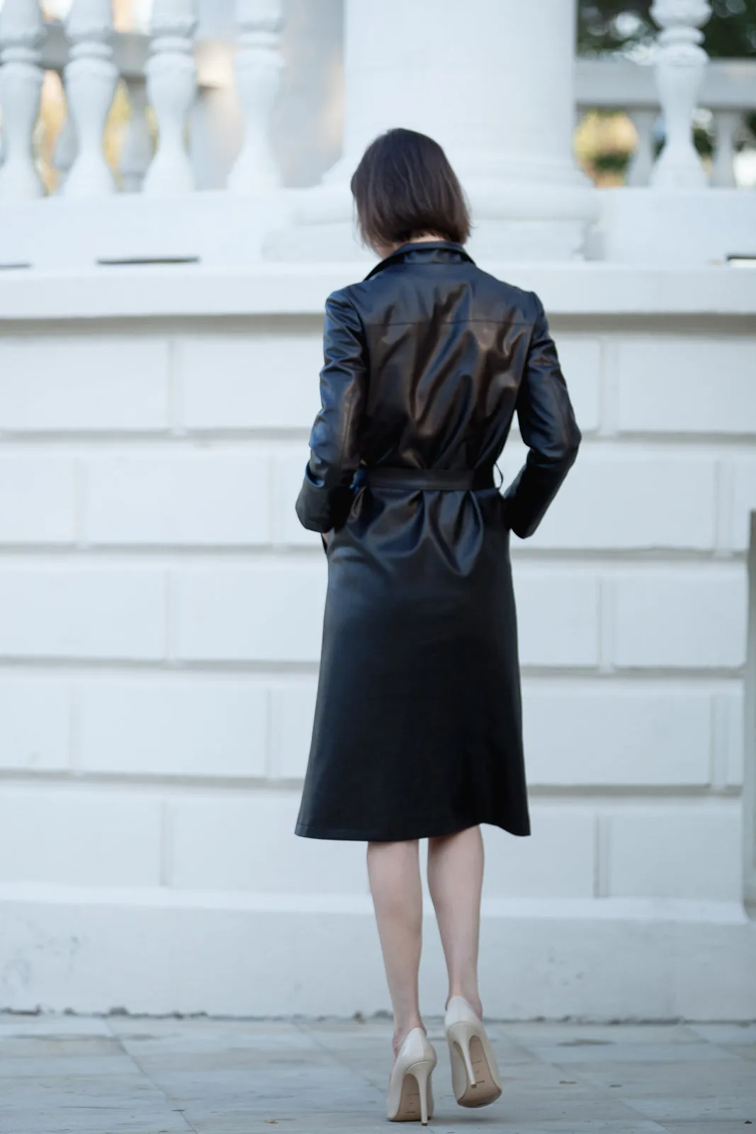 FAUX LEATHER MIDI COAT WITH BELT