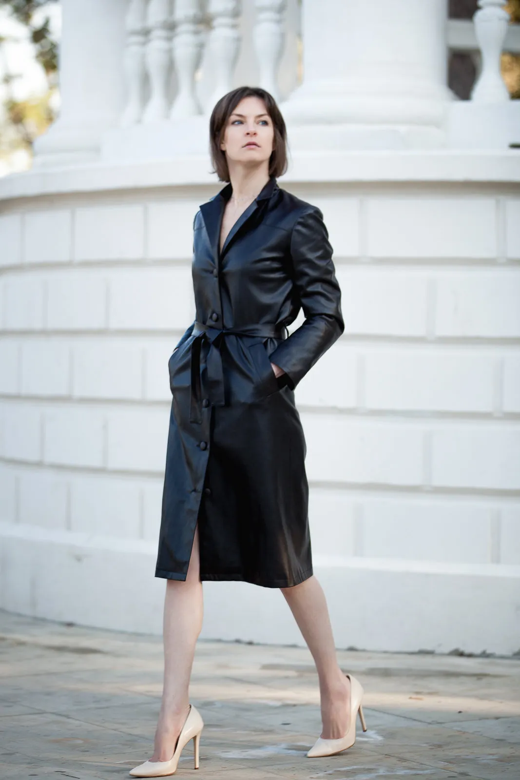 FAUX LEATHER MIDI COAT WITH BELT