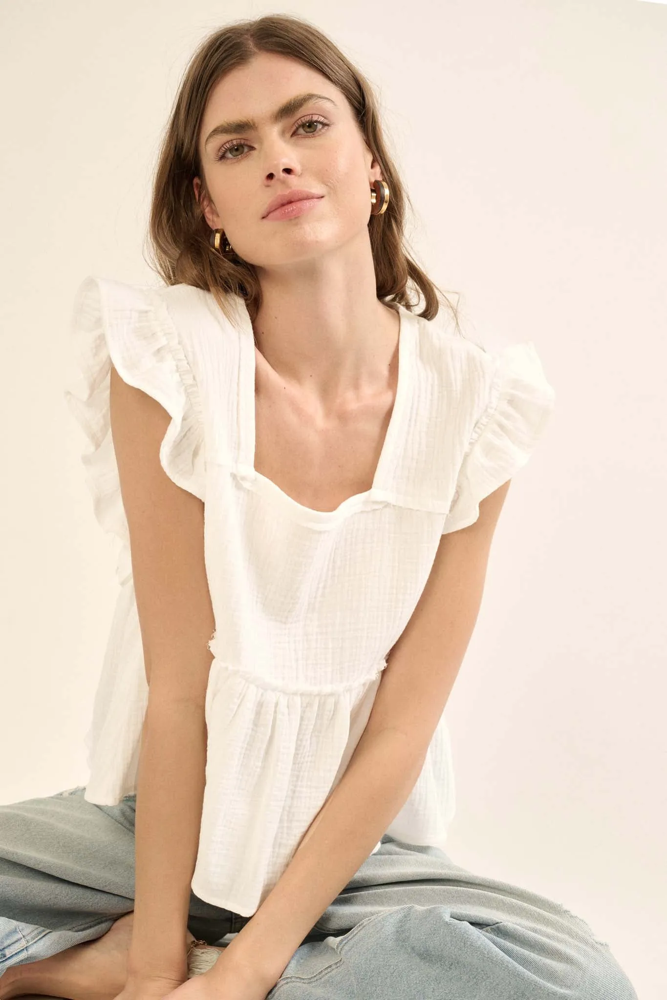 Flirty Flutter Ruffled Crinkle Cotton Babydoll Top