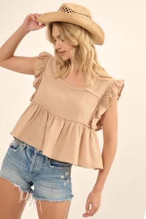 Flirty Flutter Ruffled Crinkle Cotton Babydoll Top