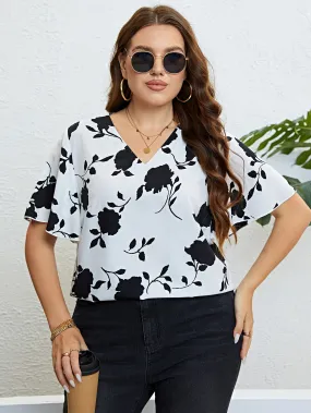 Floral V-Neck Flutter Sleeve Blouse