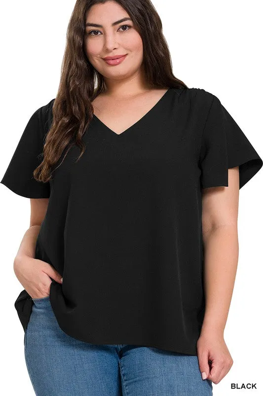 FS Clearance Woven Flutter Sleeve V-Neck Top