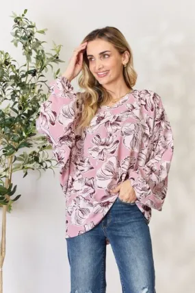 Full Size Floral V-Neck Balloon Sleeve Blouse