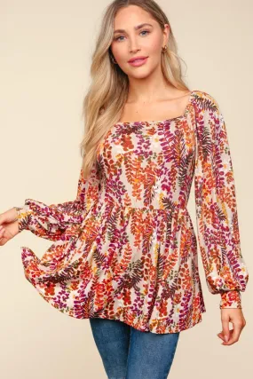 Full Size Peplum Floral Square Neck Blouse