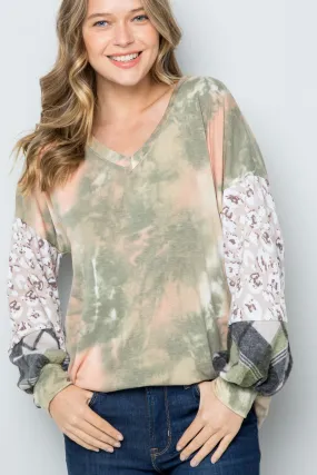 Full Size Tie-Dye V-Neck Printed Sleeve Blouse