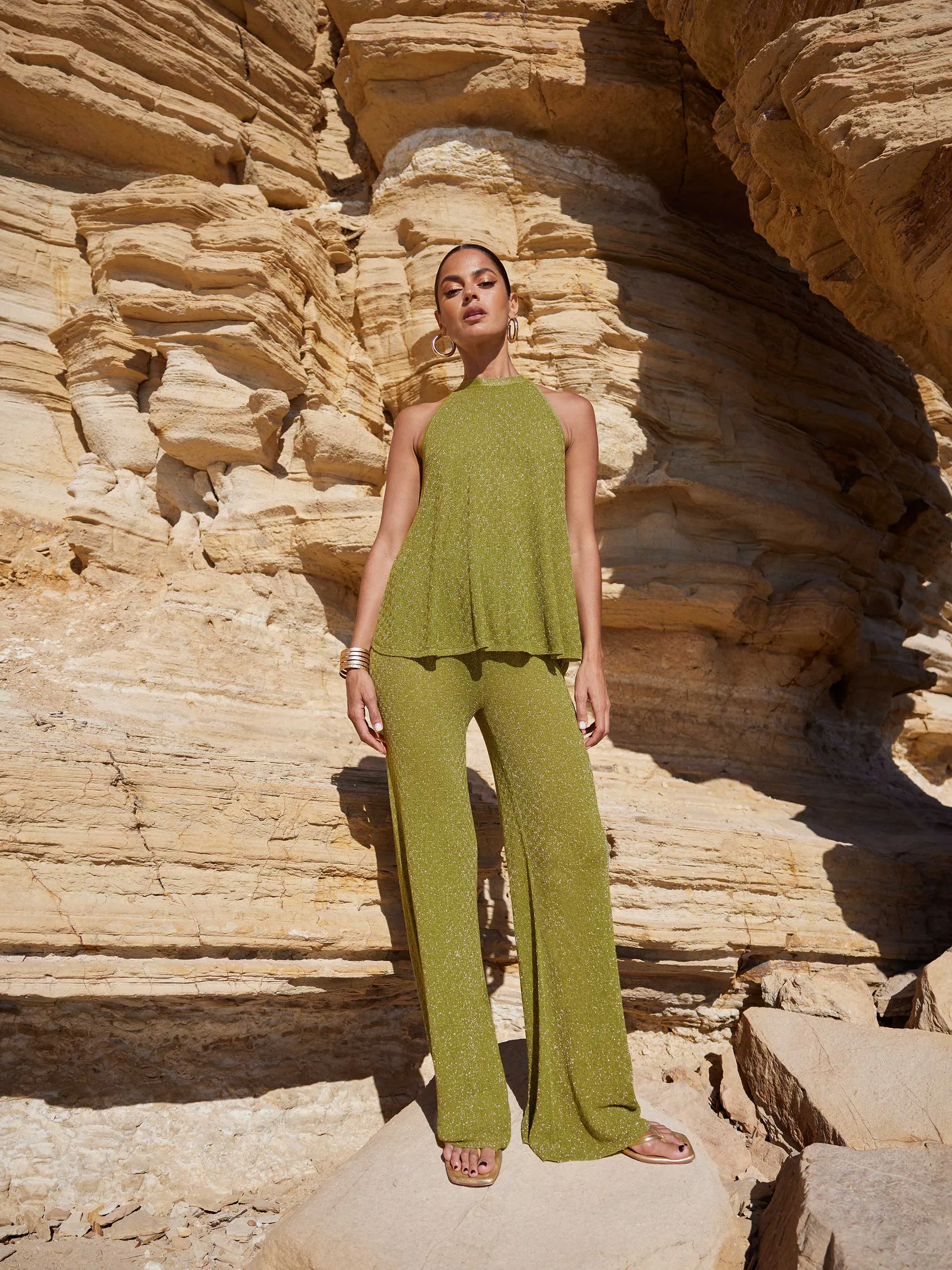 Green Sheer Lurex Knit Flared Trousers