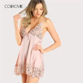 Guipure Lace Panel Nightdress Pink Bow