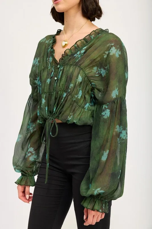 Hot Girl Forest Muse  Button Front Ruffled Long Sleeve Blouse