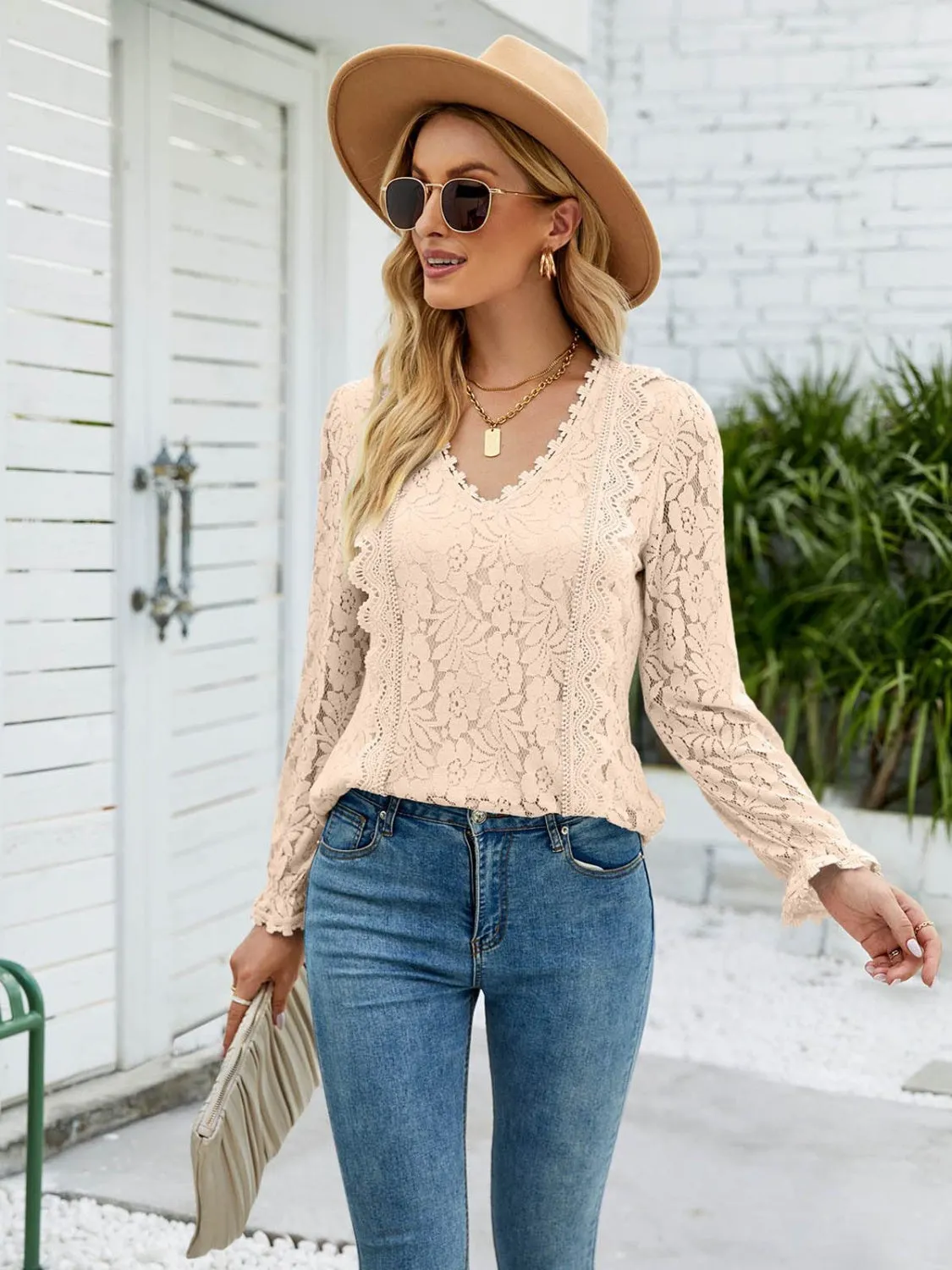 Lace V-Neck Flounce Sleeve Blouse