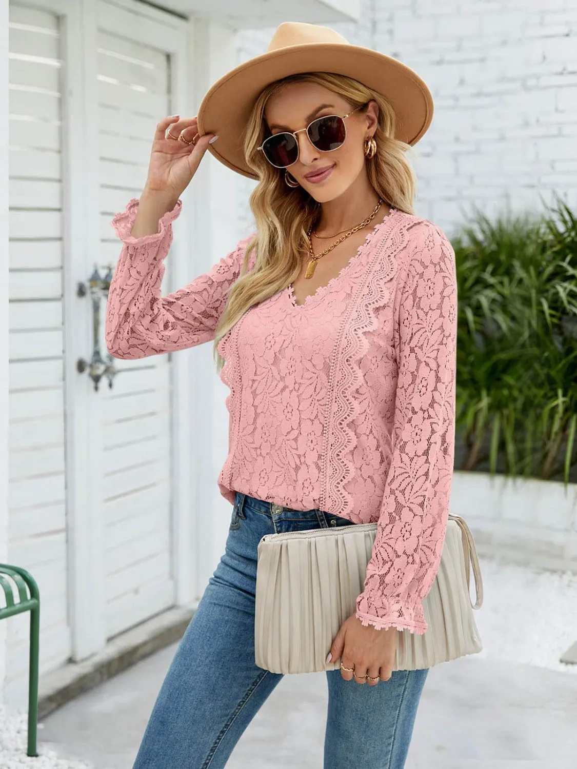 Lace V-Neck Flounce Sleeve Blouse